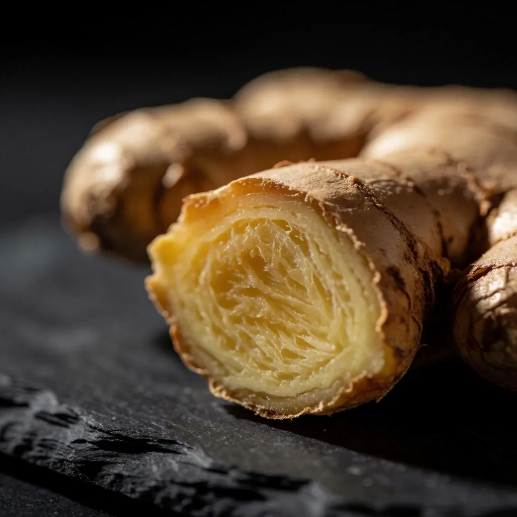 Botanical macro study of ginger root on dark stone