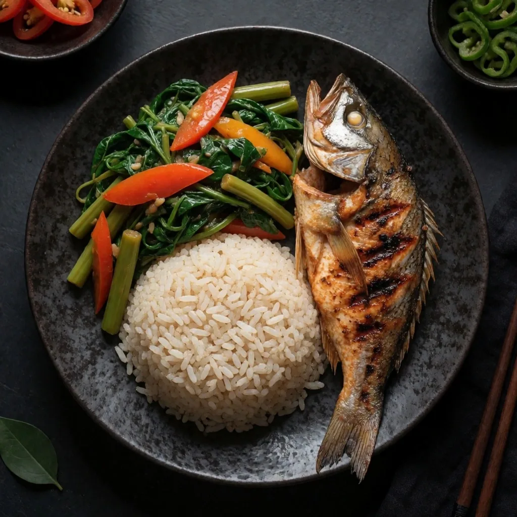 Balanced Indonesian meal on dark plate