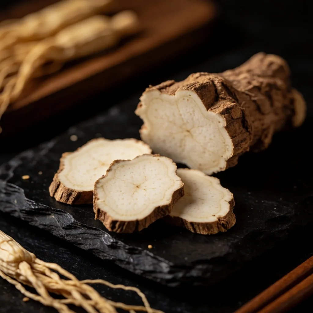 Raw botanical ingredients on dark stone
