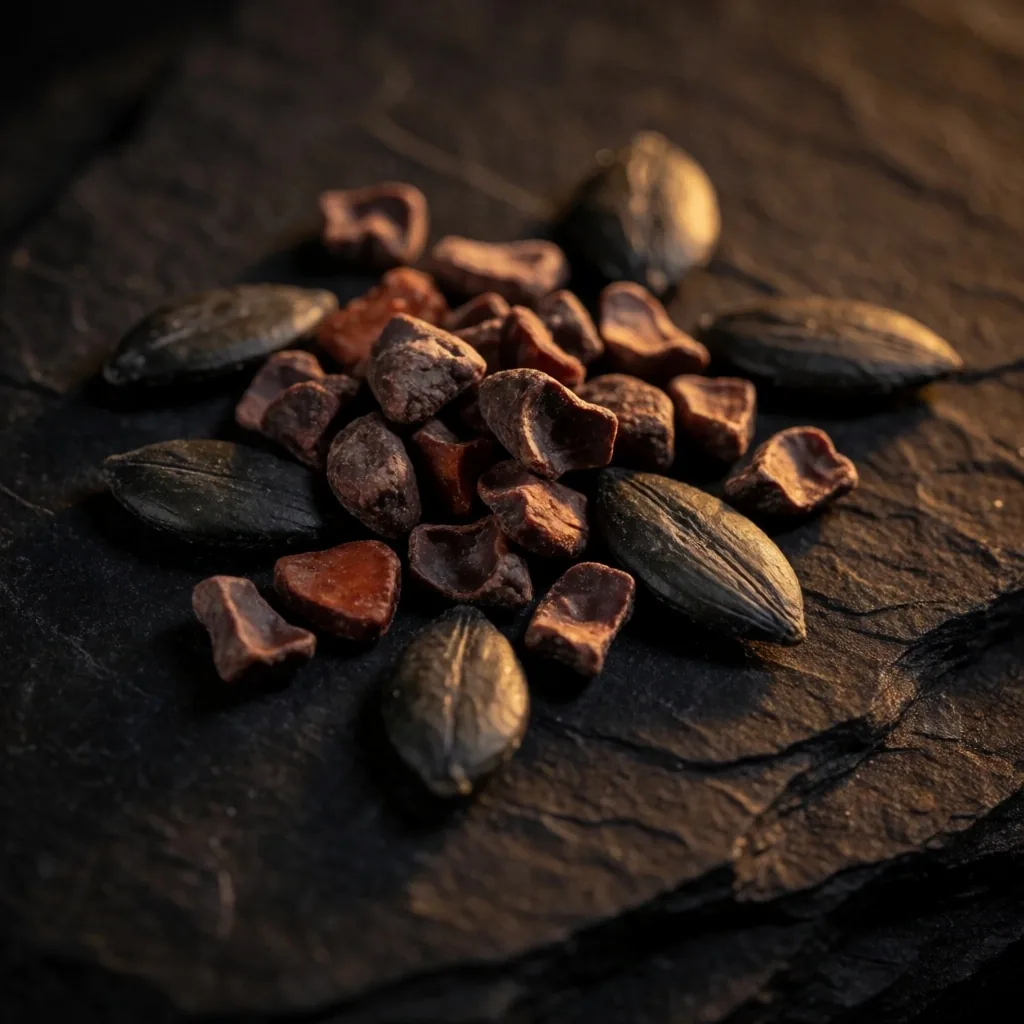 Magnesium-rich cacao nibs and seeds on dark stone