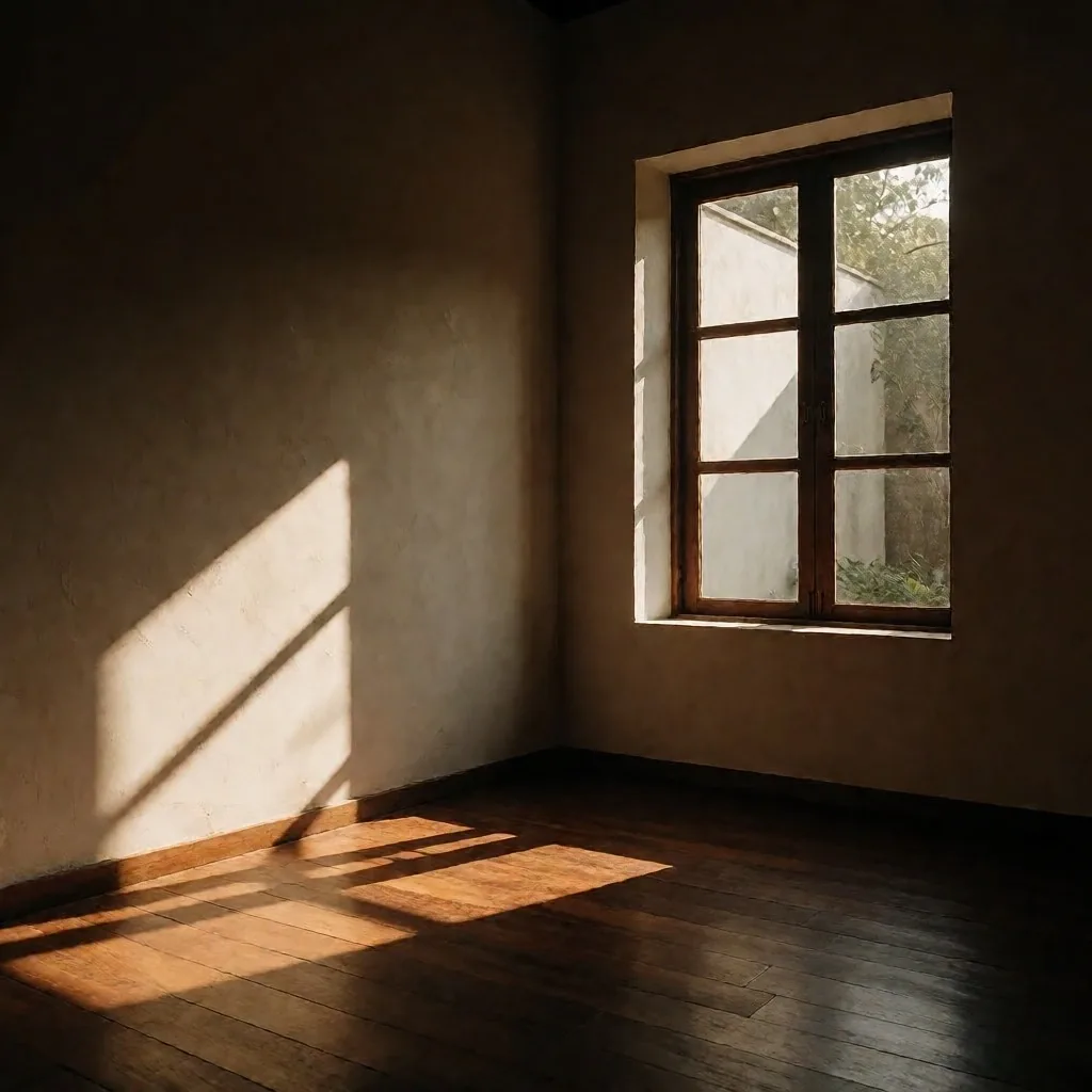 Sunlight through a window casting geometric shadows