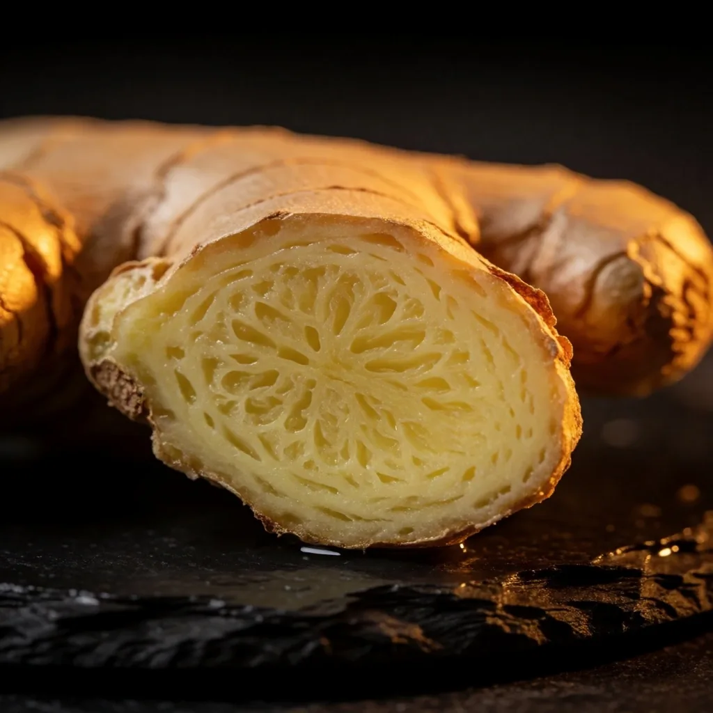 Cross-section of ginger root on dark slate