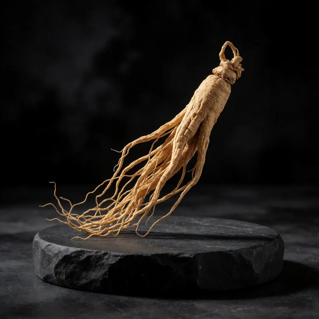 Dried ginseng root on a dark plinth