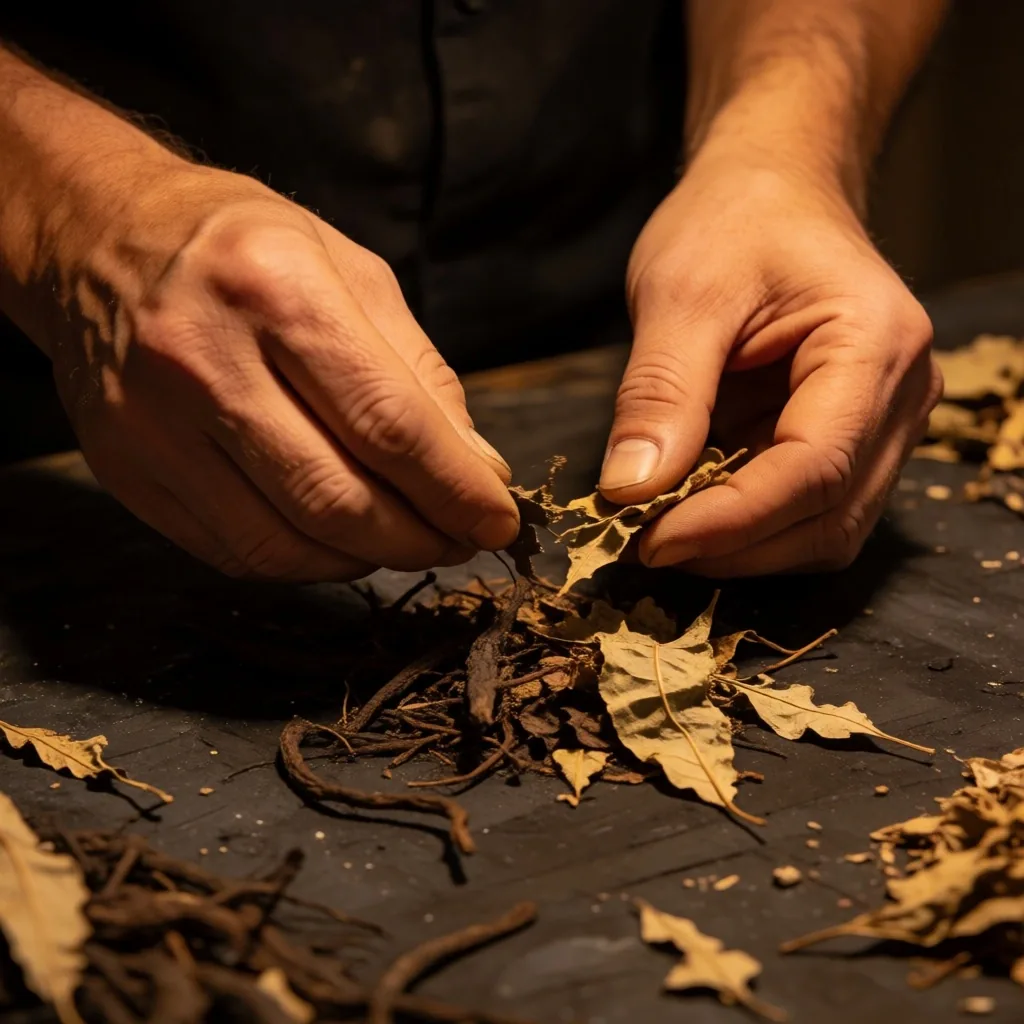 Hands inspecting dried botanical herbs