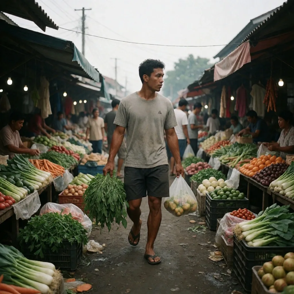 Indonesian man walking through a Medan morning market