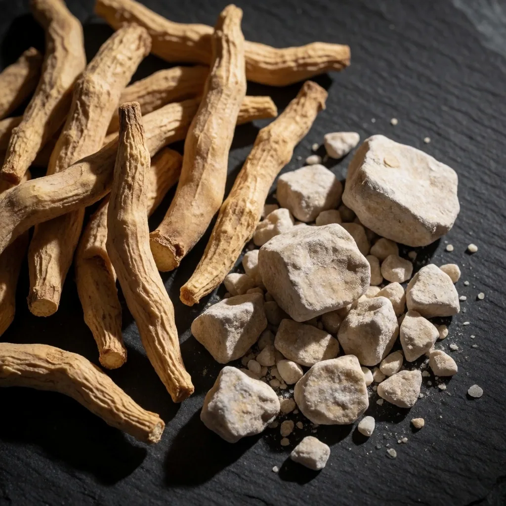 Raw botanical ingredients on stone surface