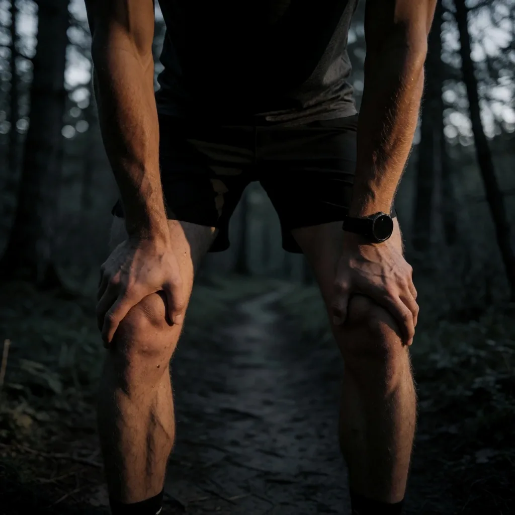 Athlete resting on dark forest trail