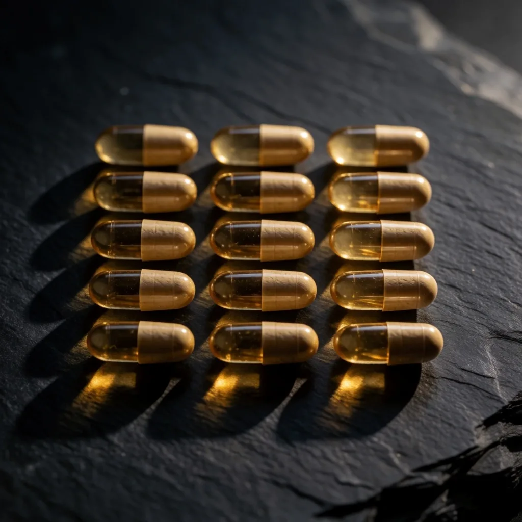 B-complex supplement capsules on dark stone