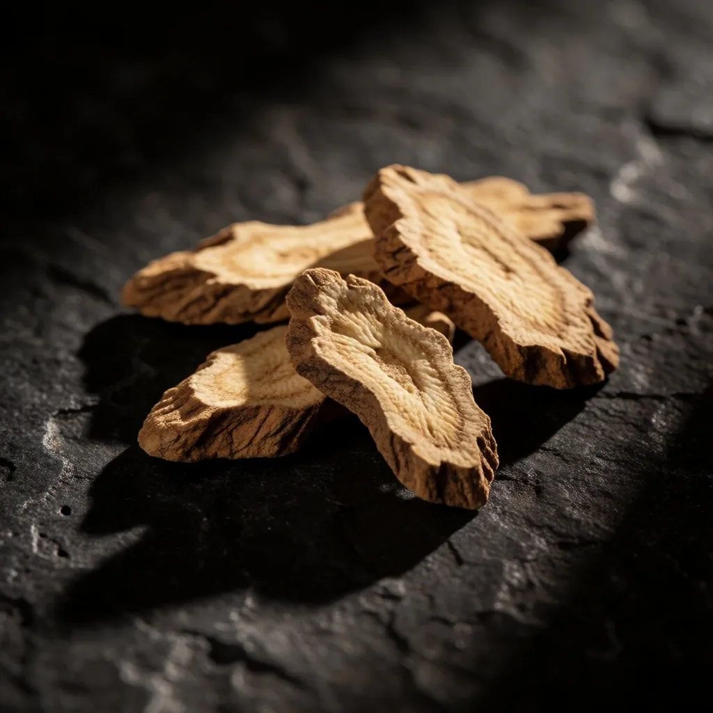 Dried botanical root specimens on dark stone surface