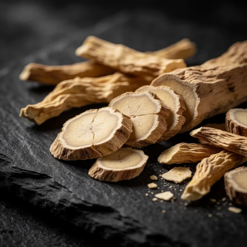 Dried ashwagandha root on dark volcanic stone